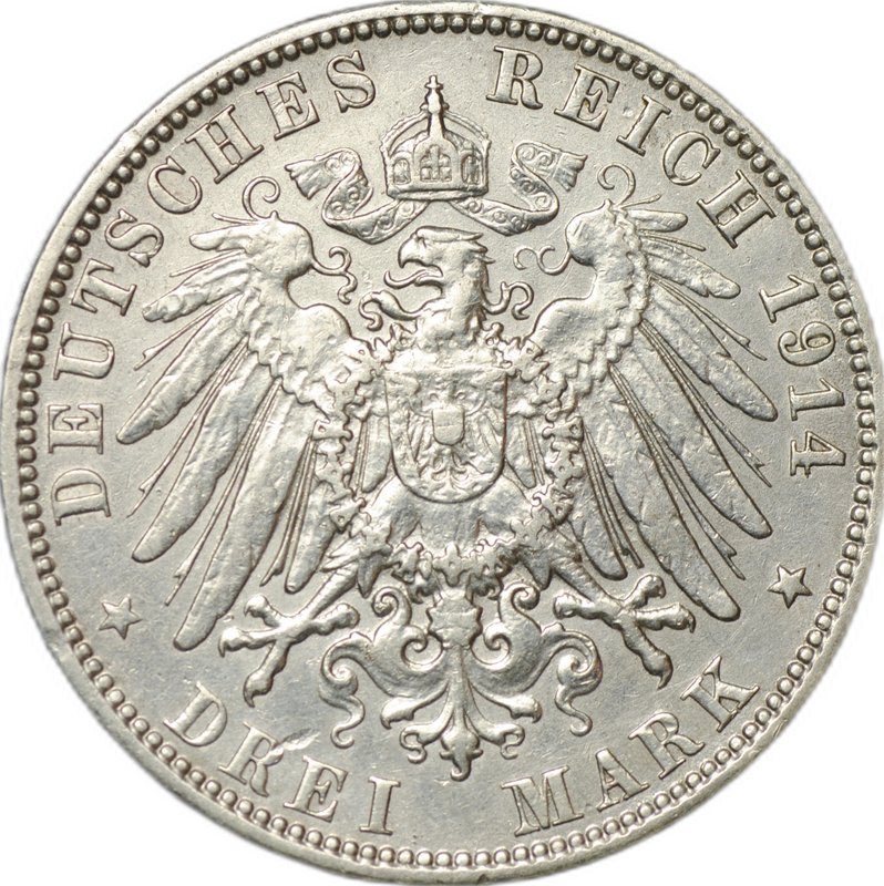 Монета 3 марки 1914 J Гамбург Германия