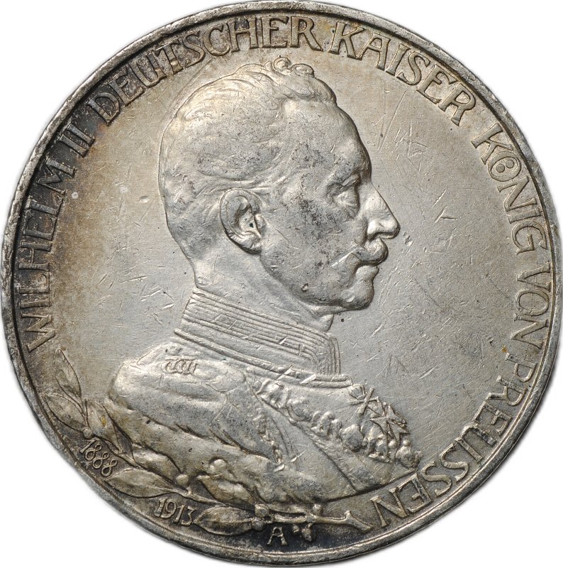 Монета 3 марки 1913 A 25 лет правления Вильгельма II Пруссия Германия