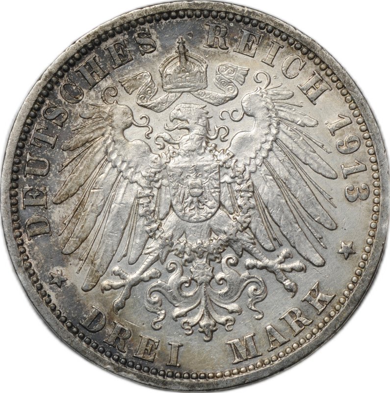 Монета 3 марки 1913 A 25 лет правления Вильгельма II Пруссия Германия