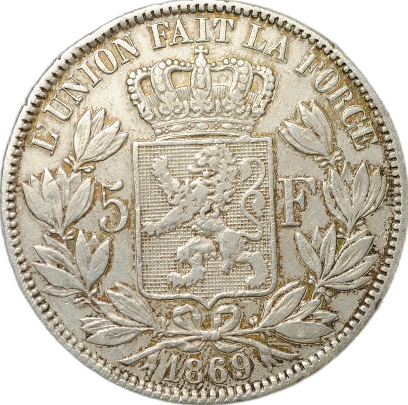 Монета 5 франков 1869 Бельгия