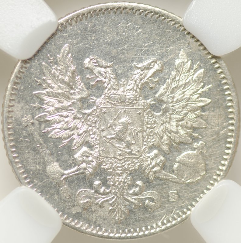 Монета 25 Пенни 1917 S Русская Финляндия (гербовый орел без корон) слаб ННР MS62