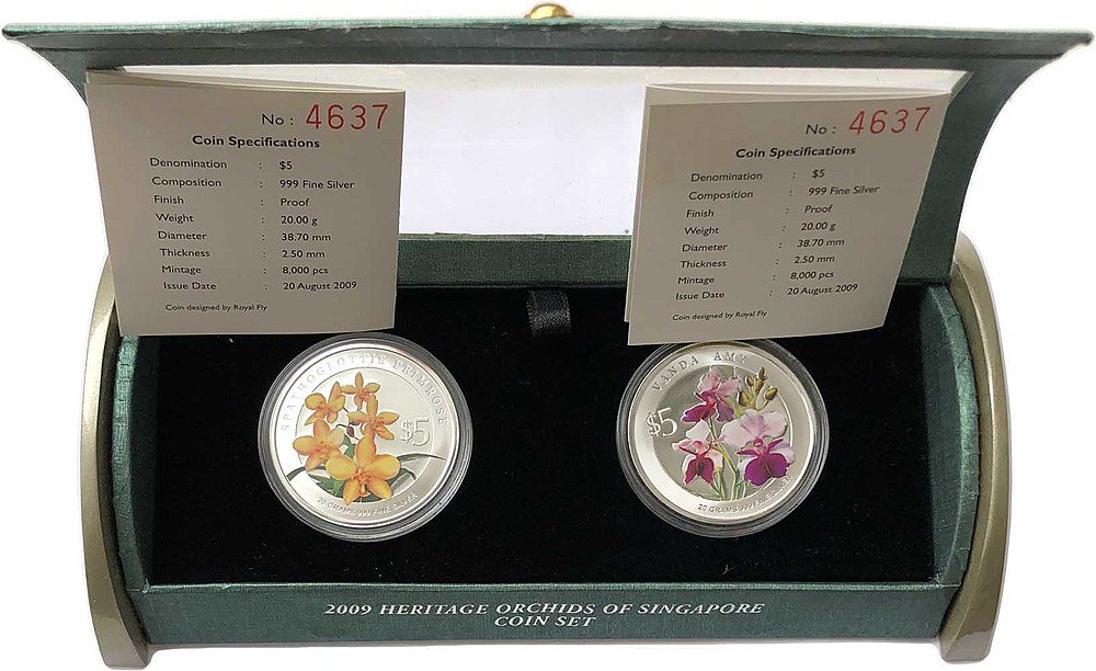 Набор 5 долларов 2009 Орхидеи Сингапур 2 монеты (футляр)