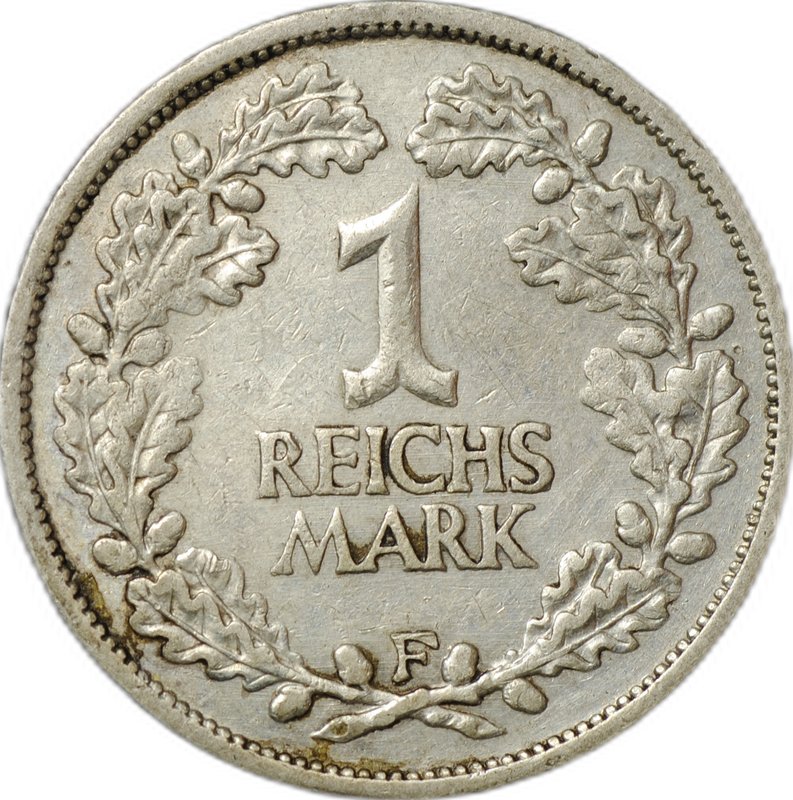 Монета 1 рейхсмарка 1925 F Штутгарт Германия