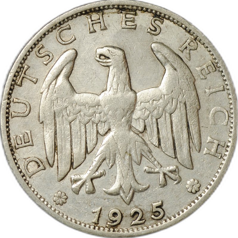 Монета 1 рейхсмарка 1925 F Штутгарт Германия