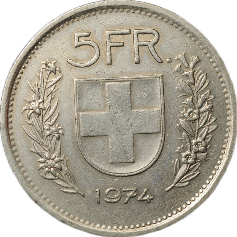 Монета 5 франков 1974 Швейцария