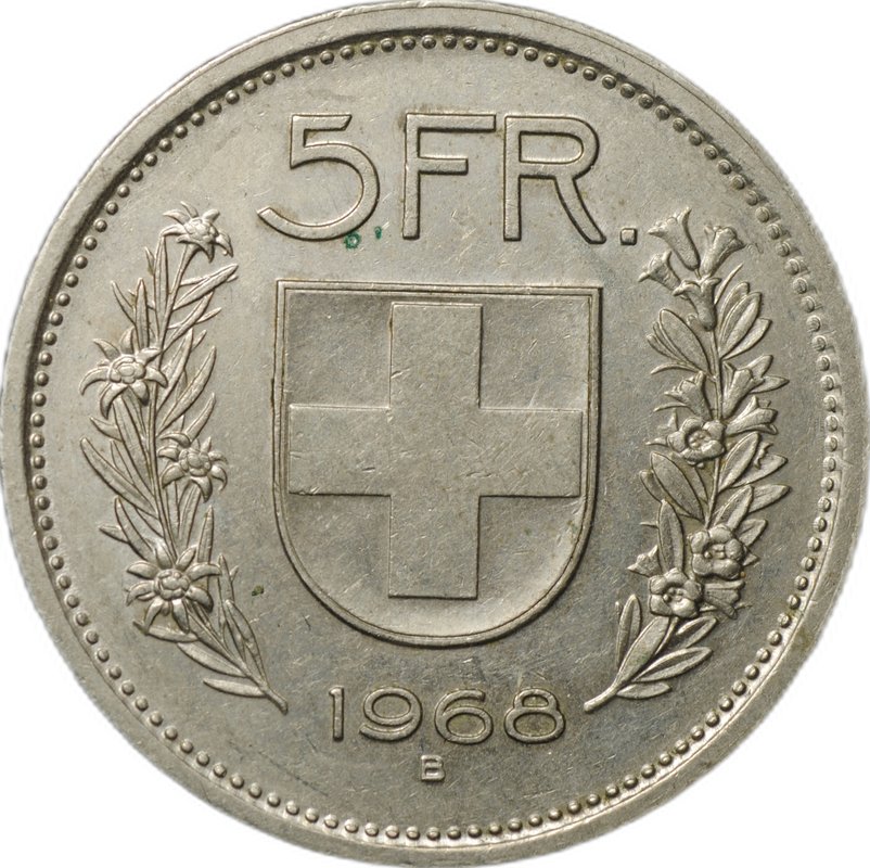 Монета 5 франков 1968 B Швейцария