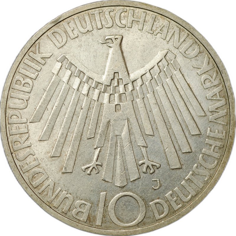 Монета 10 марок 1972 J Олимпиада Мюнхен Эмблема "In München" Германия ФРГ