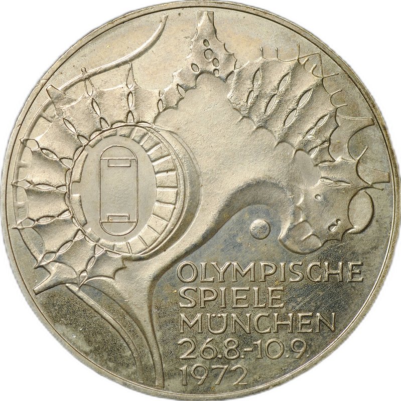 Монета 10 марок 1972 J Олимпиада Мюнхен Стадион Германия ФРГ