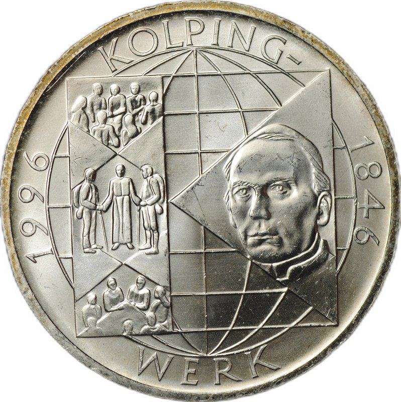 Монета 10 марок 1996 A 150 лет первой католической ассоциации ремесленников А. Колпинга Германия