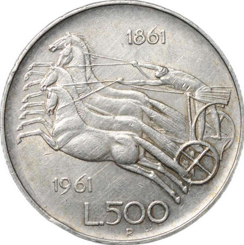 Монета 500 лир 1961 R 100 лет со дня объединения Италия