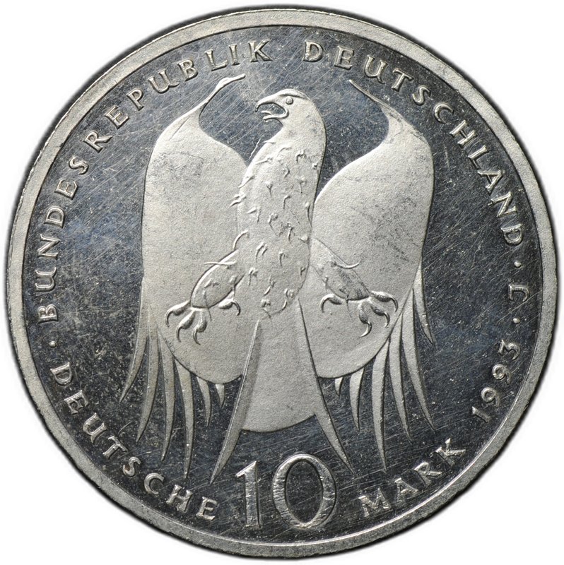 Монета 10 марок 1993 J Роберт Кох 150 лет со дня рождения Германия