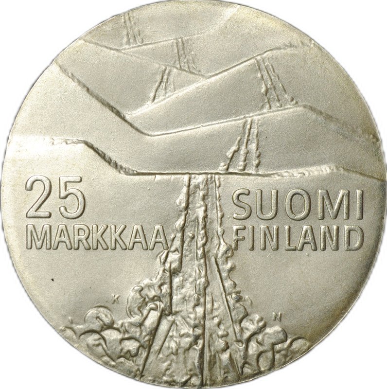 Монета 25 марок 1978 Зимние игры в Лахти Лыжи Финляндия