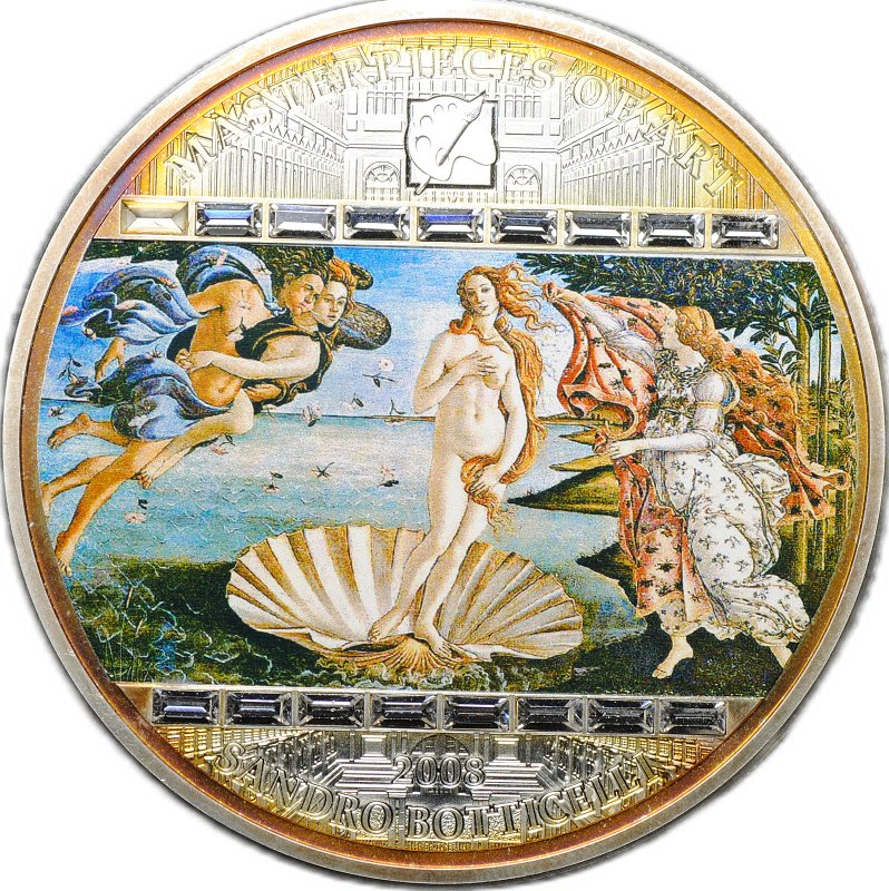 Монета 20 долларов 2008 Шедевры искусства Сандро Боттичелли Рождение Венеры Острова Кука