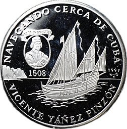 фото для Монета 10 песо 1997 Плавание вокруг Кубы Куба Аверс