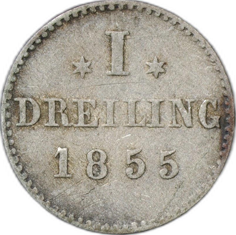 Монета 1 дрейлинг 1855 Гамбург