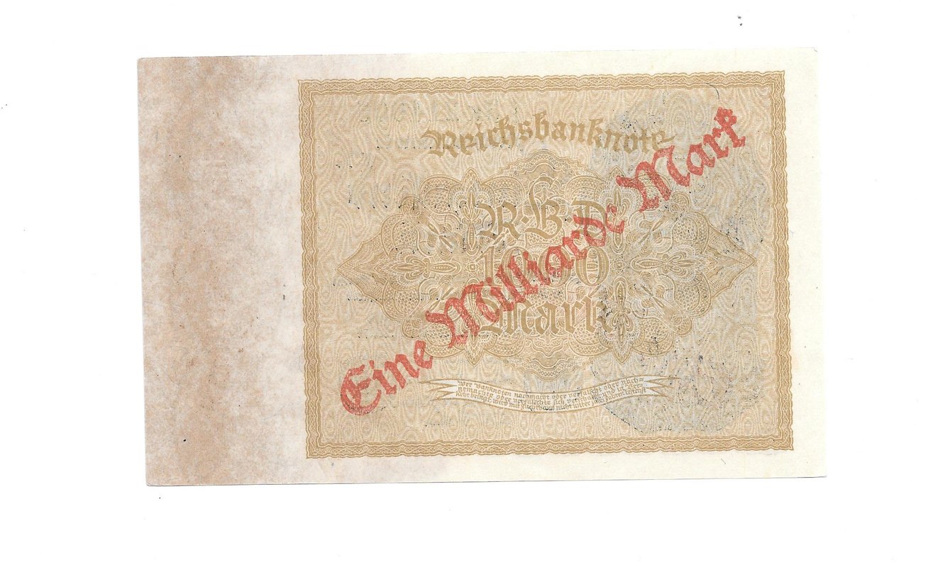 Банкнота 1000000000 (миллиард) марок 1923 надпечатка на 1000 марок 1922 Германия Веймарская республика