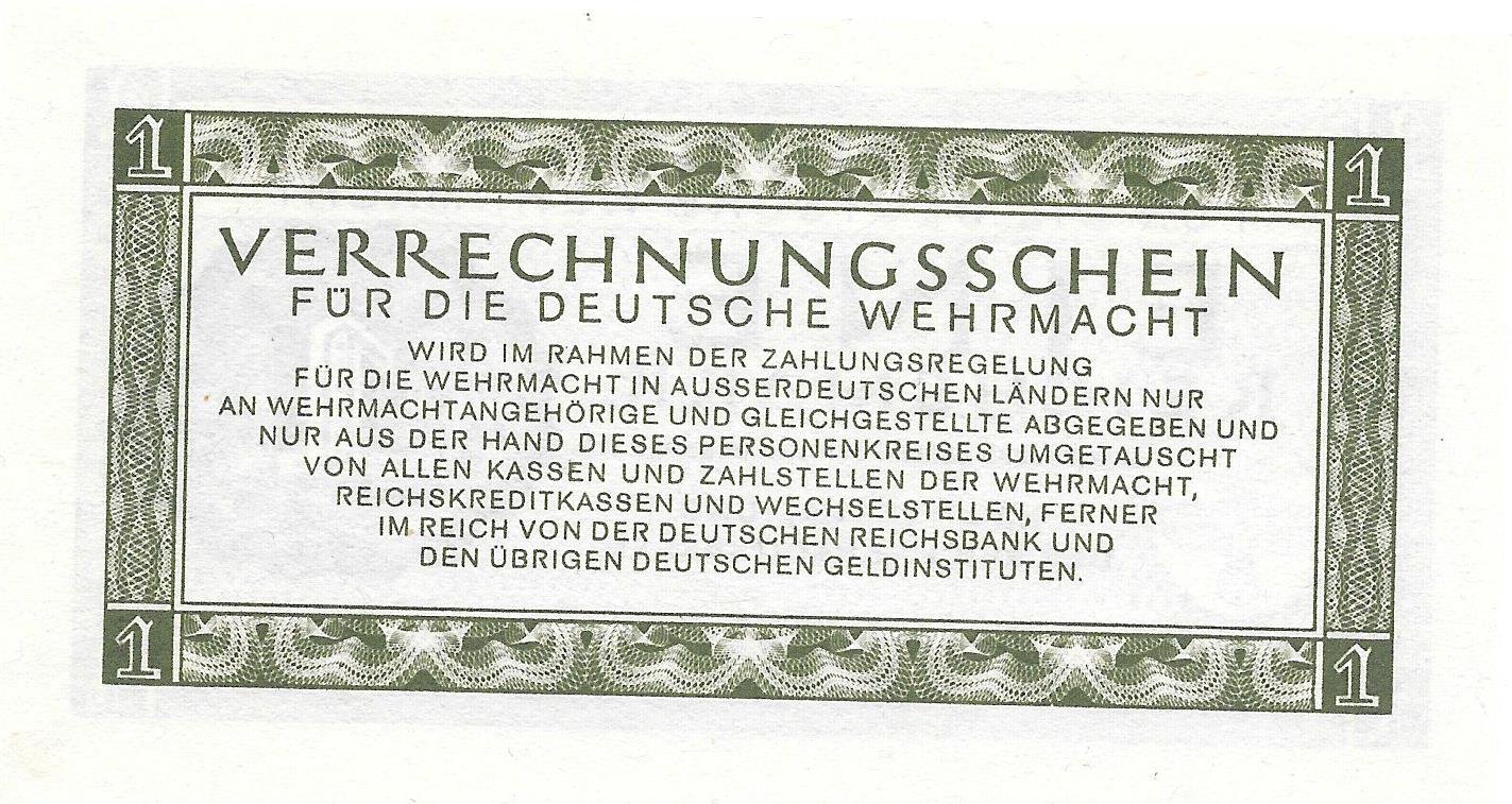 Банкнота 1 марка 1944 Военные деньги Вермахта Германия Третий Рейх