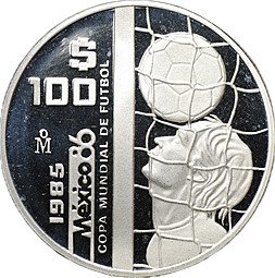 фото для Монета 100 песо 1985 Чемпионат мира по футболу 1986 - Мяч в сетке Мексика Аверс