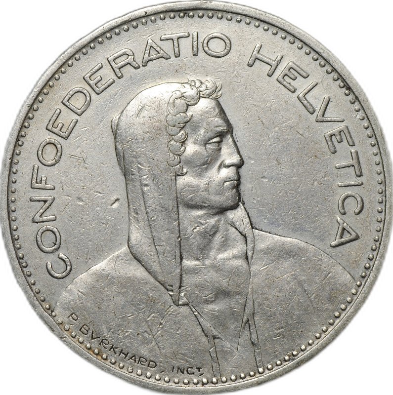 Монета 5 франков 1937 Швейцария