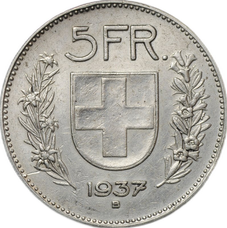 Монета 5 франков 1937 Швейцария