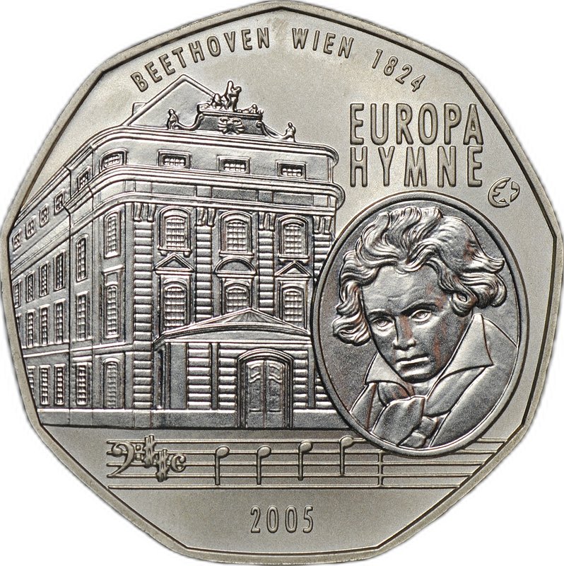 Монета 5 евро 2005 10 лет членству Австрии в ЕС гимн Австрия