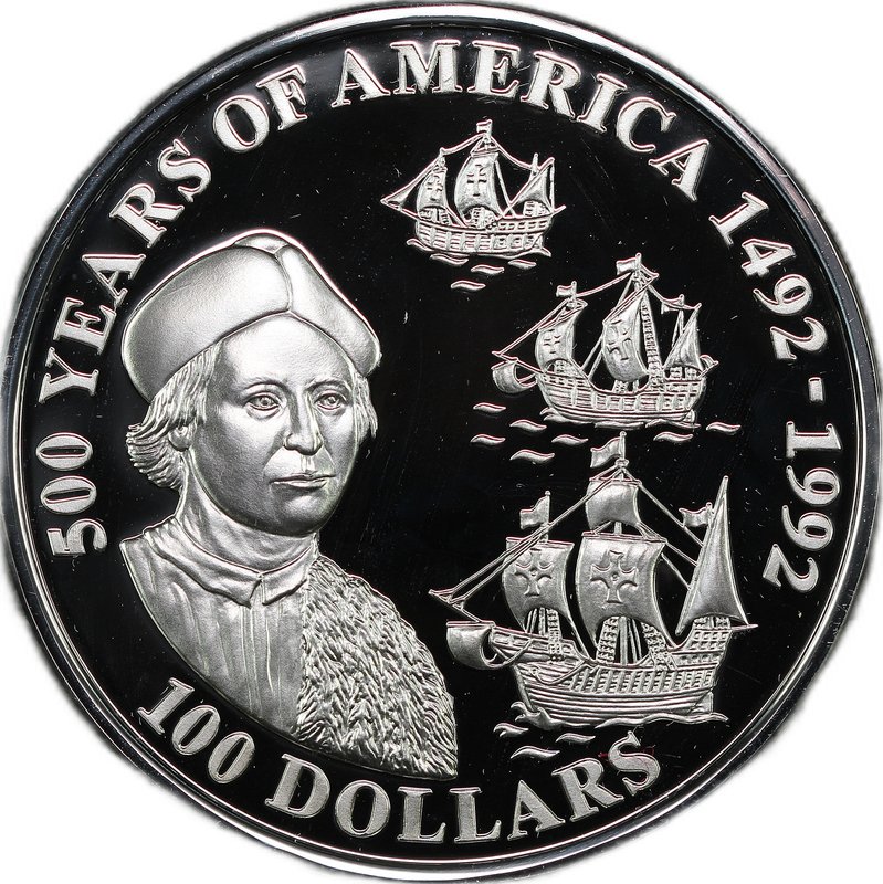 Монета 100 долларов 1992 500 лет открытию Америки - Христофор Колумб Острова Кука