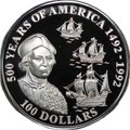 Монета 100 долларов 1992 500 лет открытию Америки - Христофор Колумб Острова Кука