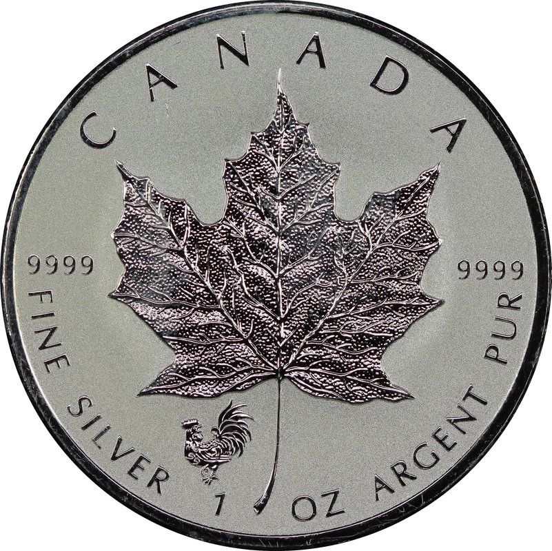 Монета 5 долларов 2017 Кленовый лист Отметка петух Канада