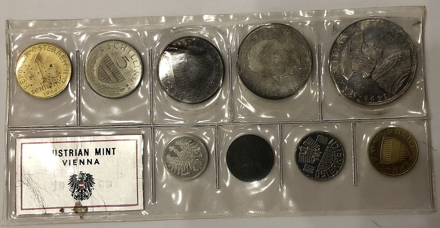 Набор 2, 5, 10, 50 грошей 1, 5, 10, 25, 50 шиллингов 1969 Максимилиан I Австрия 9 монет