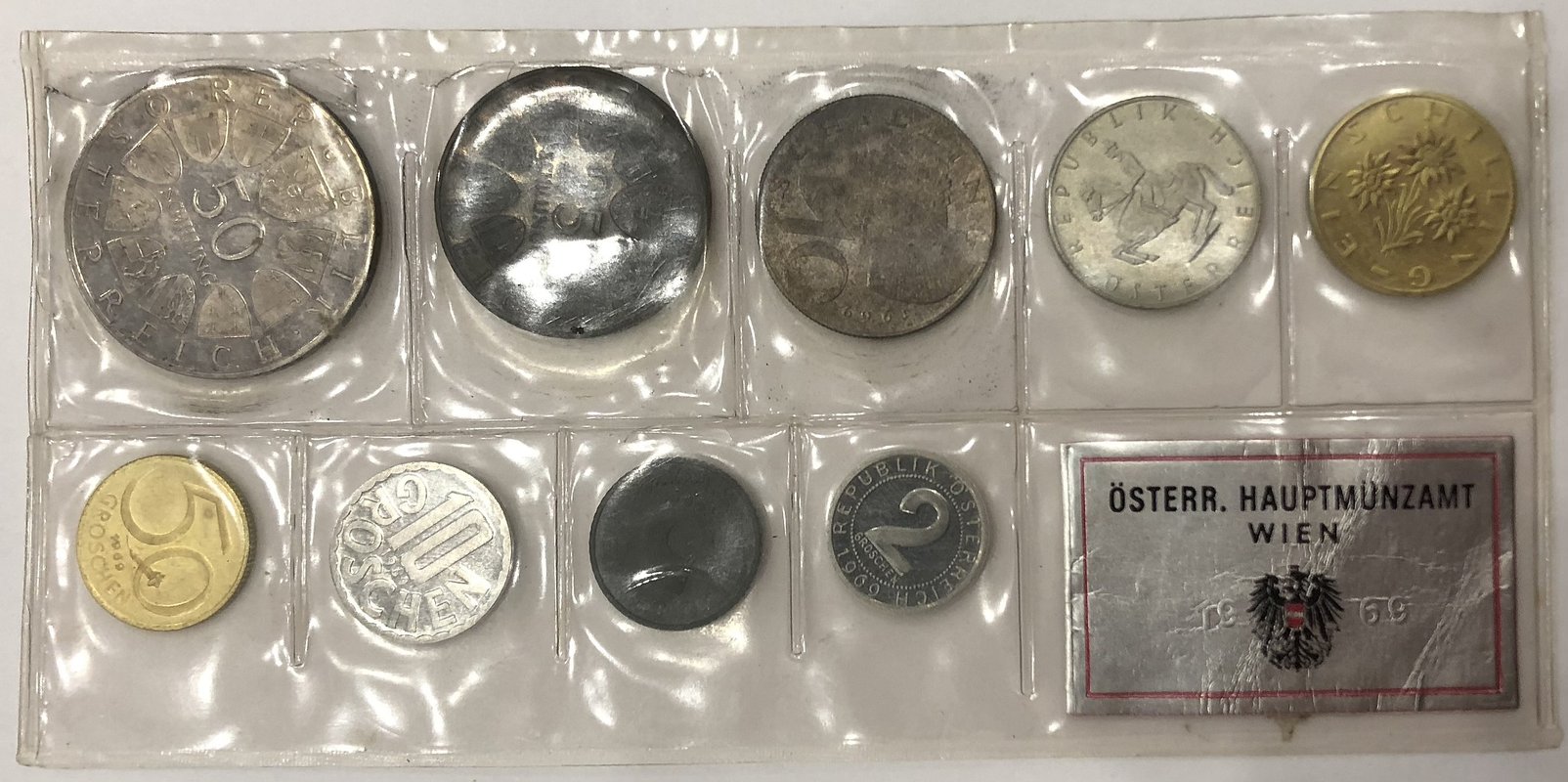 Набор 2, 5, 10, 50 грошей 1, 5, 10, 25, 50 шиллингов 1969 Максимилиан I Австрия 9 монет
