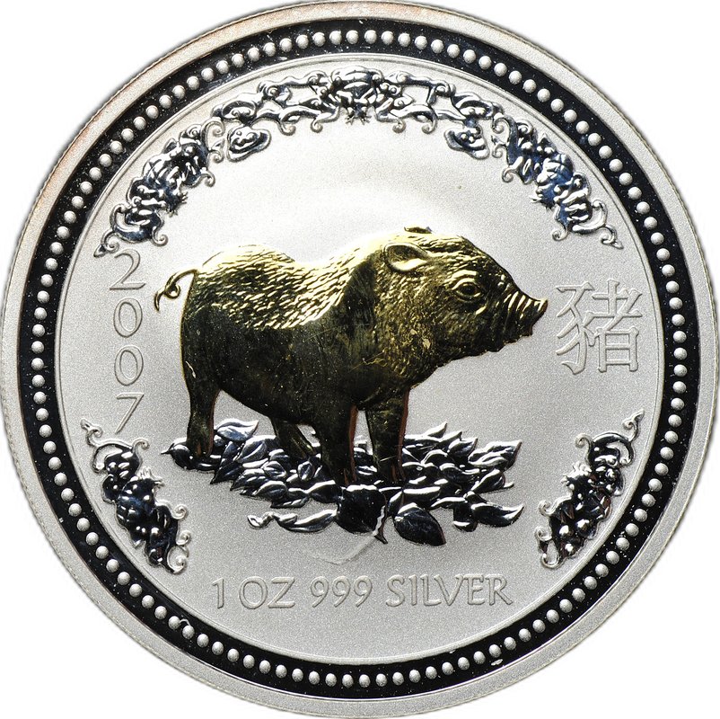 Монета 1 доллар 2007 Год свиньи позолота Лунар Австралия
