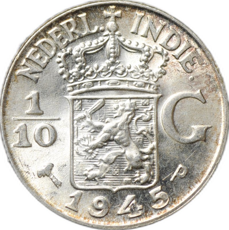 Монета 1/10 гульдена 1945 P Нидерланды Голландская Ост-Индия