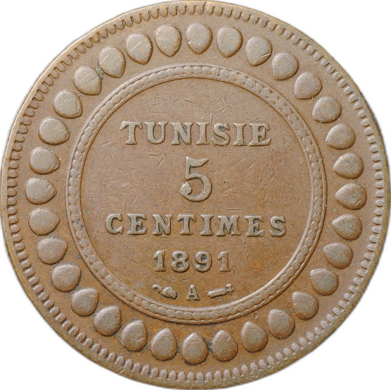 Монета 5 сантимов 1891 (AH 1308) Тунис