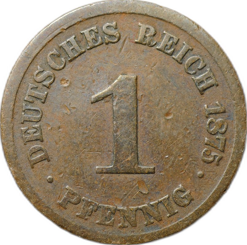 Монета 1 пфенниг 1875 A - Берлин Германия