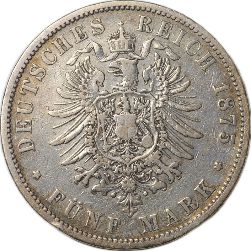 Монета 5 марок 1875 В Пруссия Германия