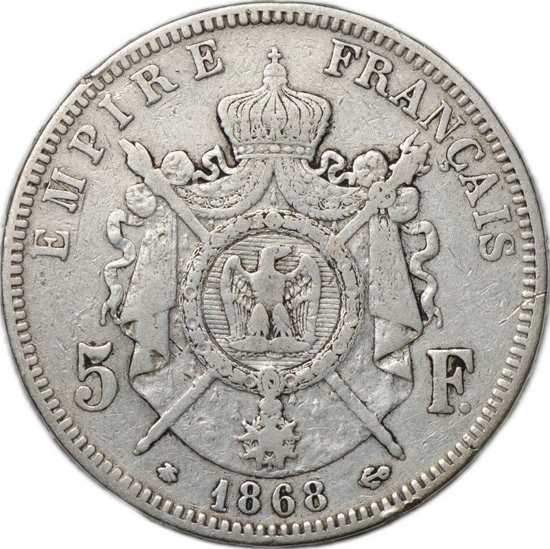 Монета 5 франков 1868 A Париж Франция