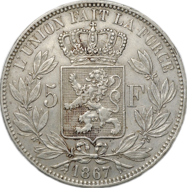 Монета 5 франков 1867 Бельгия