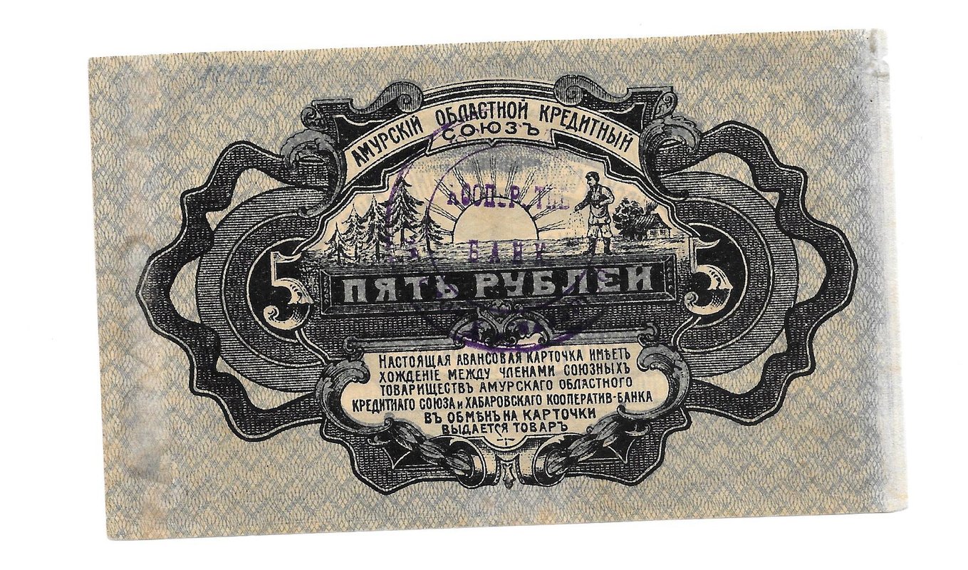 Банкнота 5 рублей 1919 Авансовая карточка Амурский областной кредитный союз 