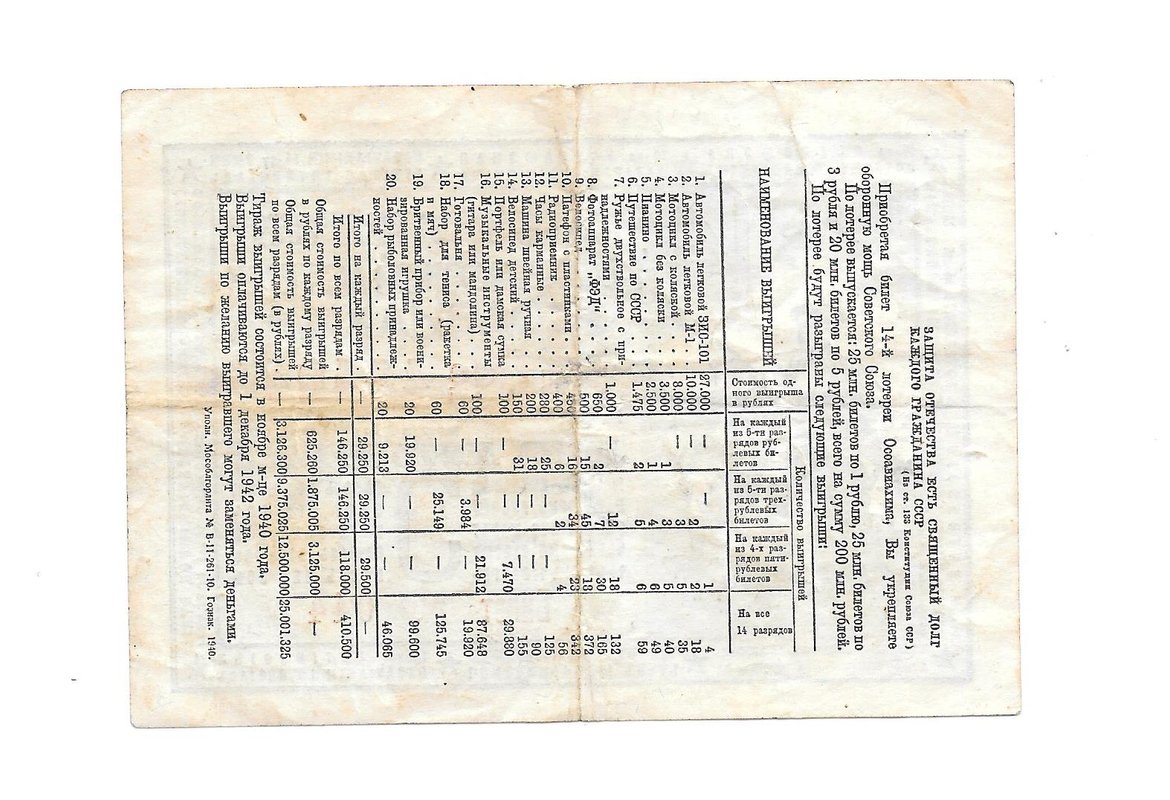 Лотерейный билет 5 рублей 1940 ОСОАВИАХИМ 14-я всесоюзная лотерея