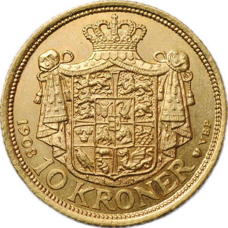 Монета 10 крон 1908 Дания
