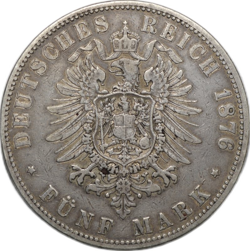 Монета 5 марок 1876 J Гамбург Германия
