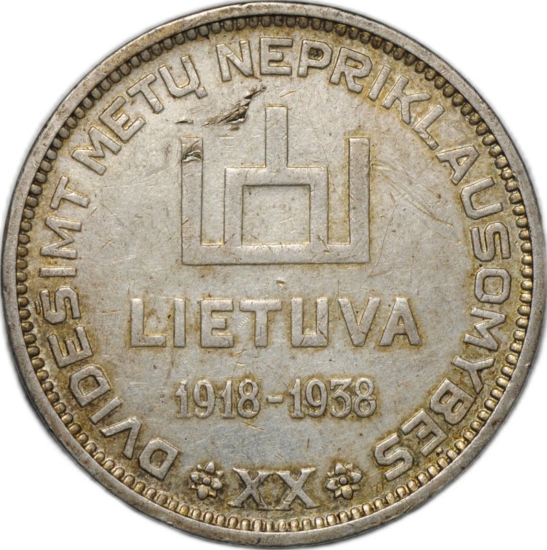 Монета 10 лит 1938 20 лет республике Президент Сметона Литва