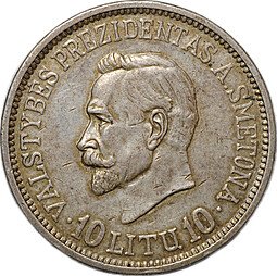фото для Монета 10 лит 1938 20 лет республике Президент Сметона Литва Аверс