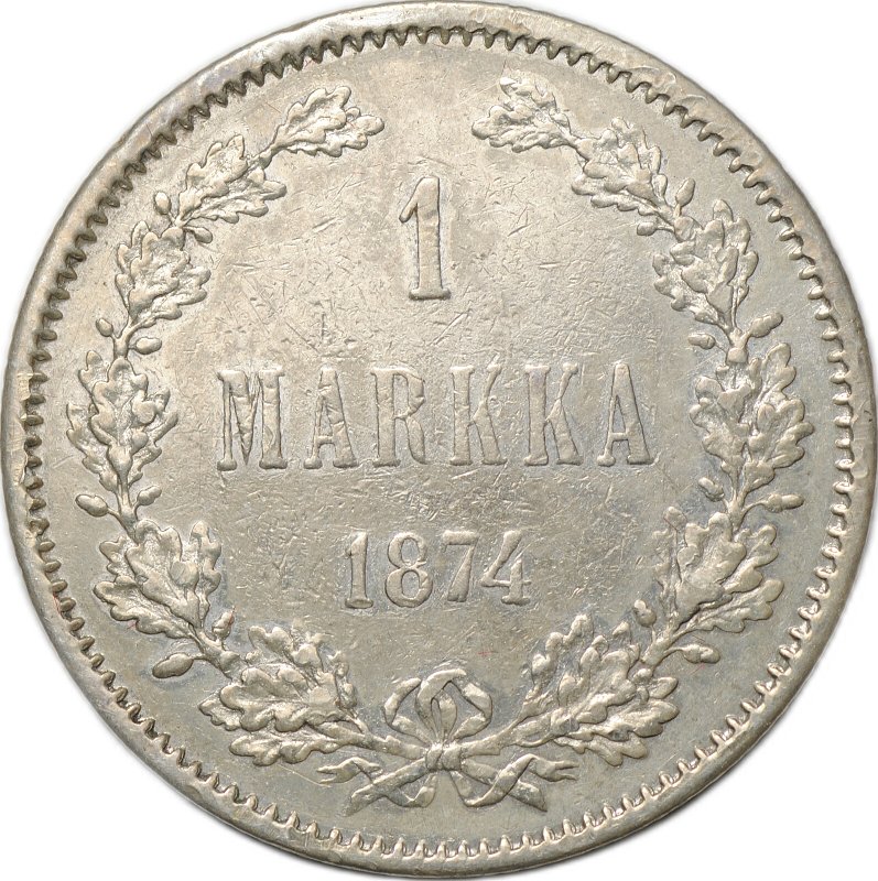 Монета 1 марка 1874 S Русская Финляндия