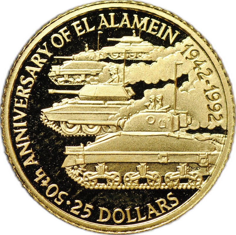 Монета 25 долларов 1992 50 лет битве при Эль-Аламейне Вторая мировая война Белиз