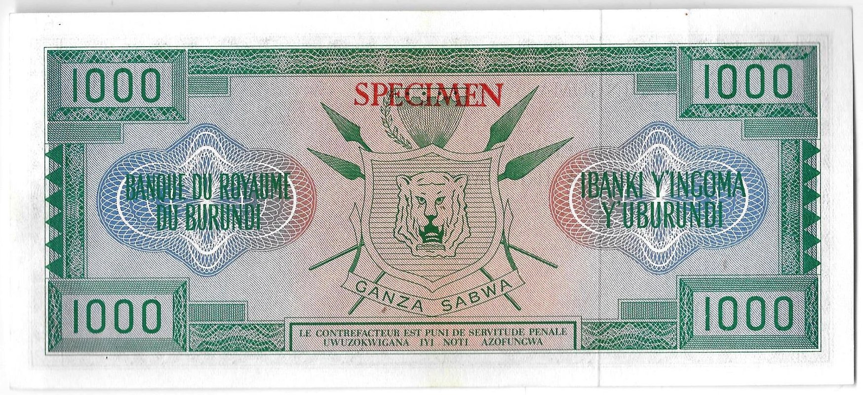 Банкнота 1000 франков 1965 образец Бурунди