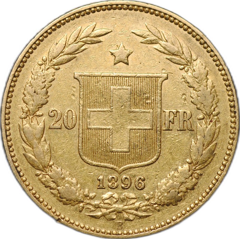 Монета 20 франков 1896 B Швейцария