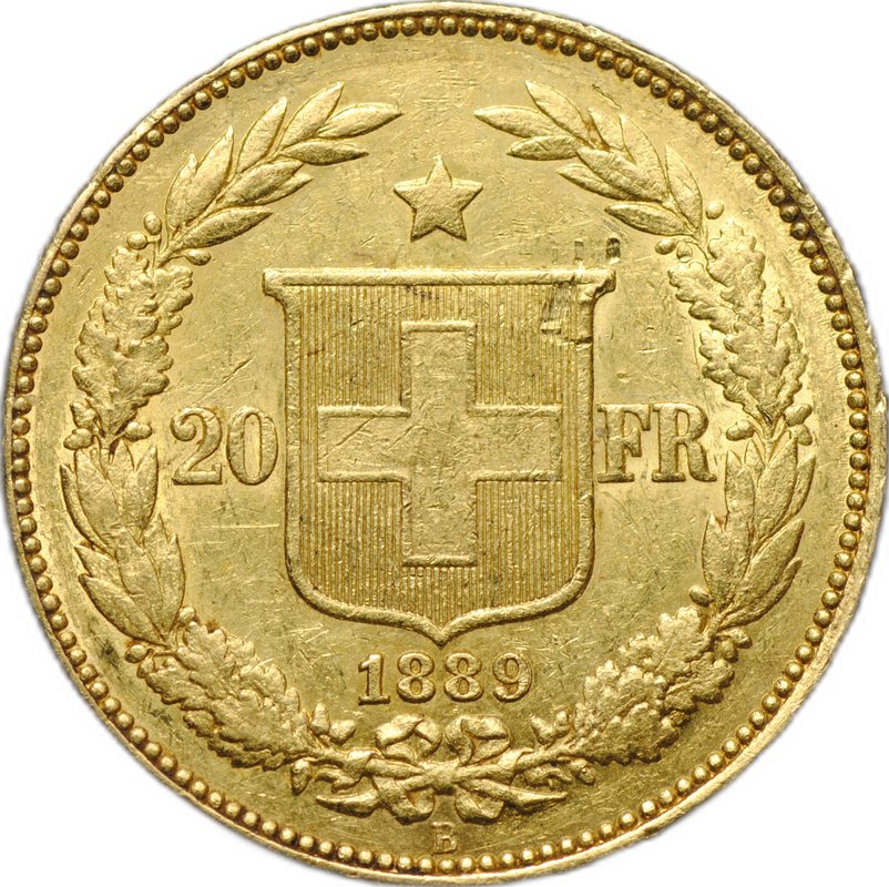 Монета 20 франков 1889 B Швейцария