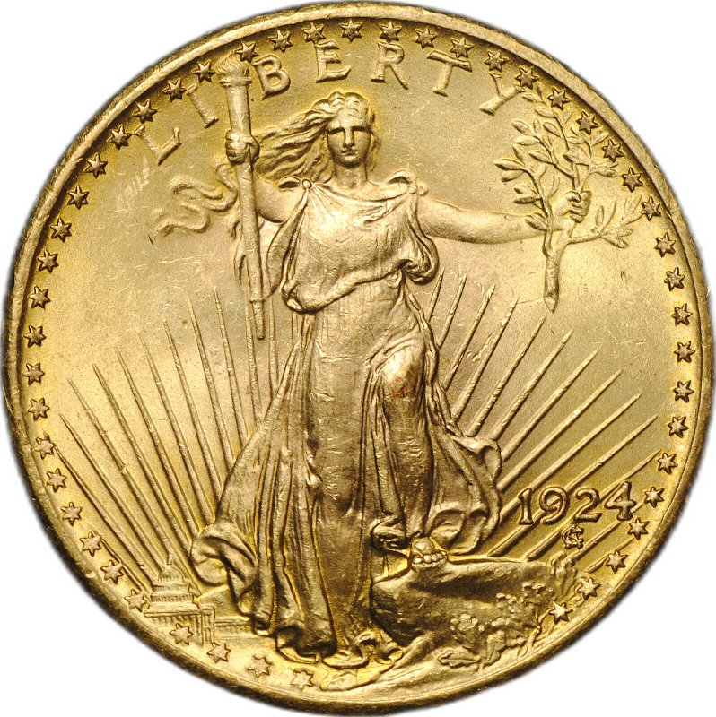 Монета 20 долларов 1924 Филадельфия США слаб CPRC MS 62