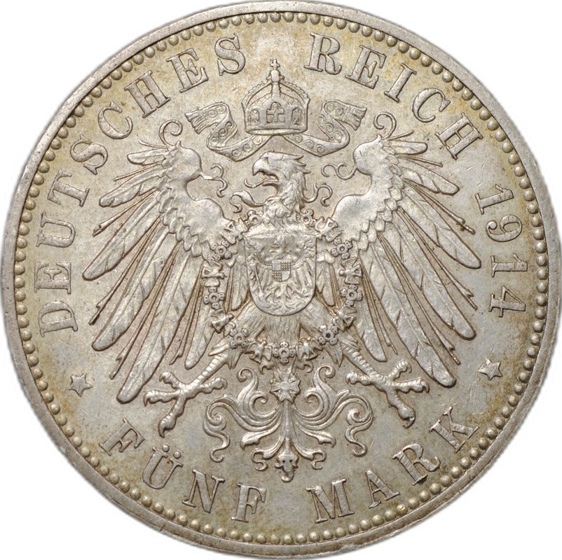 Монета 5 марок 1914 E Саксония Германия